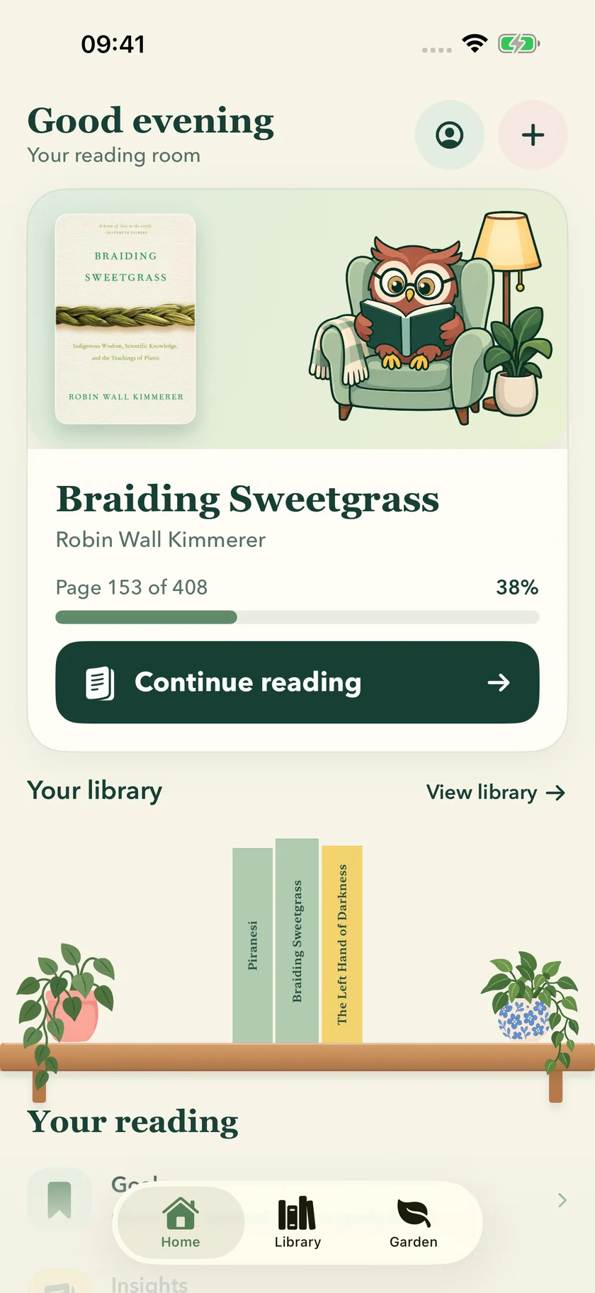 Burrow Home preview: current book, reading progress and illustrated bookshelf